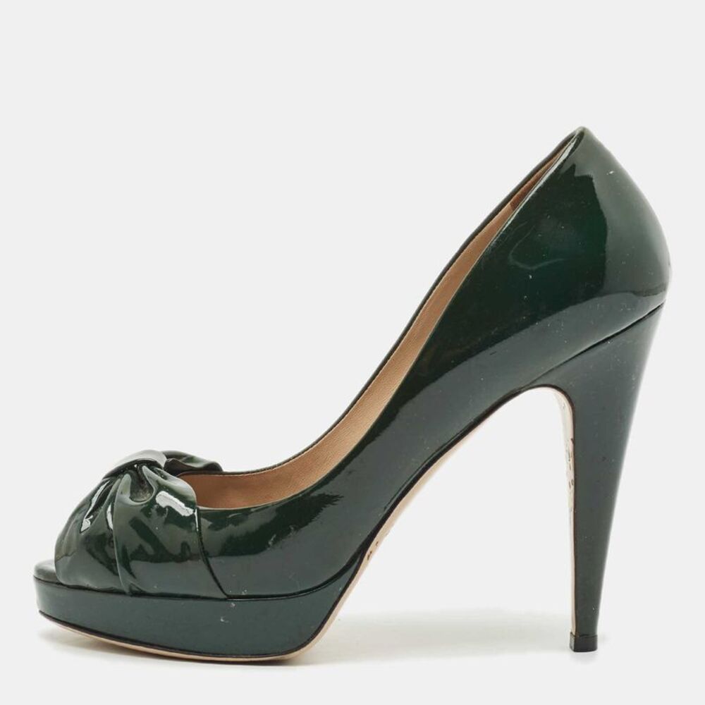 Valentino Green Patent Leather Knotted Bow Peep Toe Pumps Size 39.5